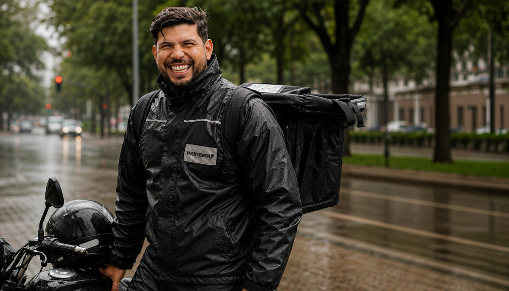 Entregador de moto sorrindo em dia chuvoso, usando capa de chuva preta impermeável da Pioneira e mochila de delivery nas costas.
